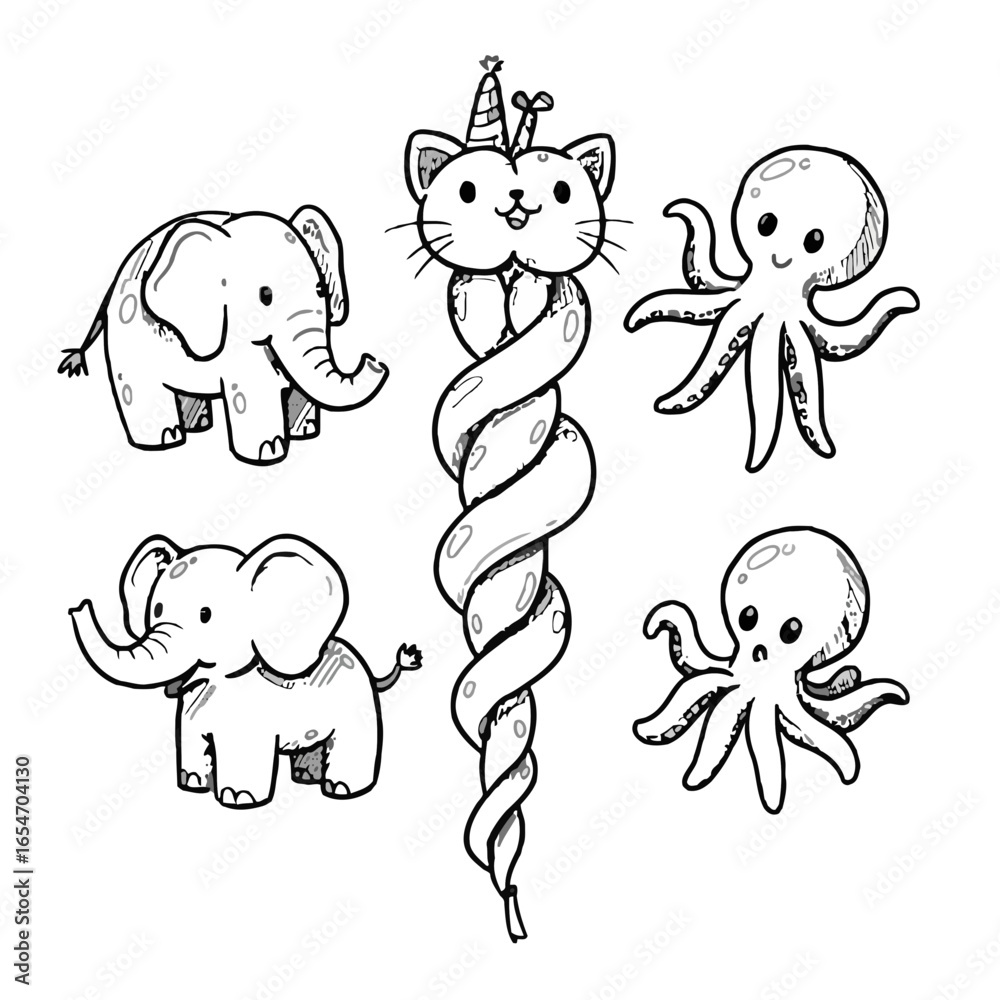 Obraz premium Cute cartoon animals including elephants, cat and octopus in doodle style 