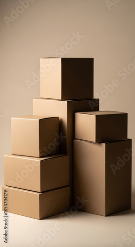 A stack of cardboard shipping boxes ready for delivery or storage isolated on transparent background