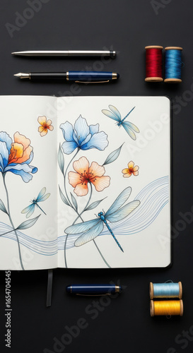 Artistic floral watercolor sketch in an open sketchbook with pens and thread spools isolated on transparent background
