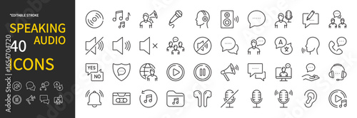 Speaking & audio icon set. Audio file, earphones, voice, microphone, listening, speaker, headphones, music, speech bubble, talk, speaking, loudspeaker, online chat, message, etc. Vector illustration.