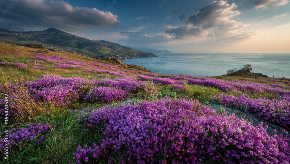 Obraz premium Colorful wildflowers bloom on a coastal hillside under a dramatic sky
