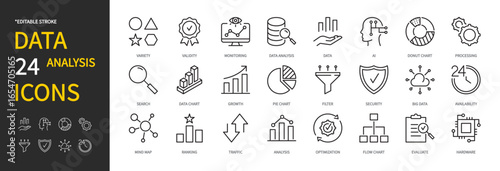 Data analysis icon set. Analytics, variety, validity, donut chart, processing, search, filter, mind map, ranking, traffic, optimization, evaluate, hardware, etc. Vector illustration. Editable stroke.