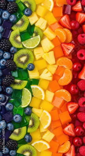 Vibrant rainbow of freshly cut mixed fruits arranged in color order isolated on transparent background