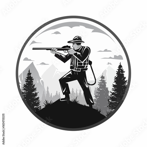 Skilled Hunter Aiming His Rifle in the Dense Wilderness Vector Illustration