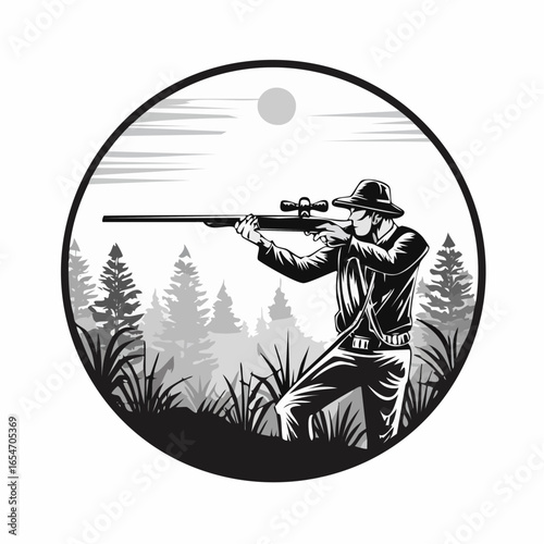 Skilled Hunter Aiming His Rifle in the Dense Wilderness Vector Illustration