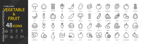 Vegetable & fruit & berry icon set. Cucumber, tomato, lettuce, carrot, avocado, paprika, strawberry, apple, orange, banana, watermelon, peach, vegan, etc. Editable stroke, vector illustration.
