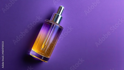 A glass dropper bottle on a purple background