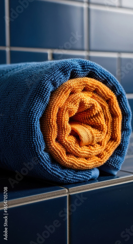 Close up of a rolled up blue towel with an orange towel inside resting on a dark tiled surface isolated on transparent background