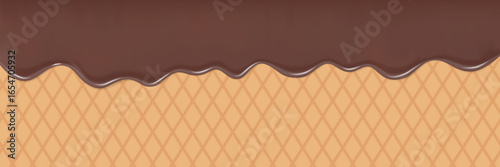 3D Realistic Liquid Chocolate, Ice Cream Dessert Melted On Waffle Cone.
