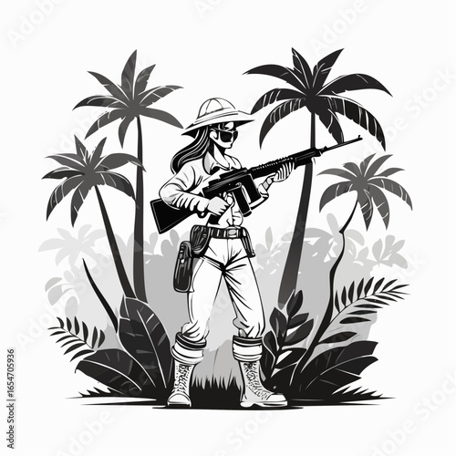 Brave Hunter Holding a Rifle While Stalking in the Jungle Vector