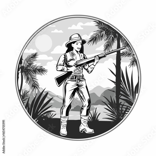 Brave Hunter Holding a Rifle While Stalking in the Jungle Vector