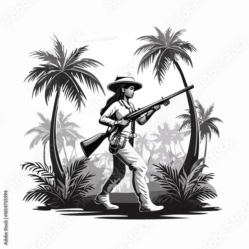 Brave Hunter Holding a Rifle While Stalking in the Jungle Vector