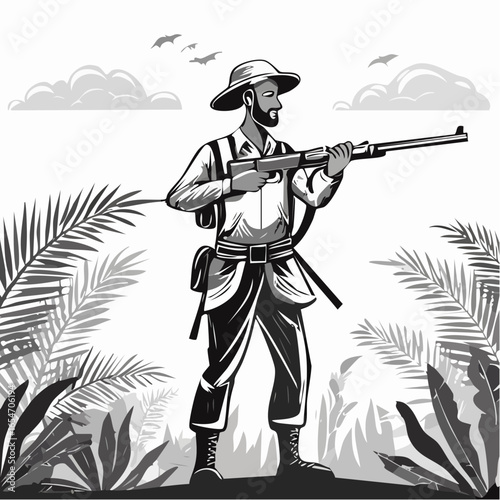 Brave Hunter Holding a Rifle While Stalking in the Jungle Vector