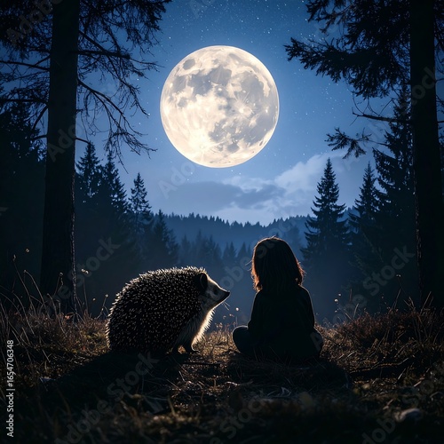Child and hedgehog under a full moon