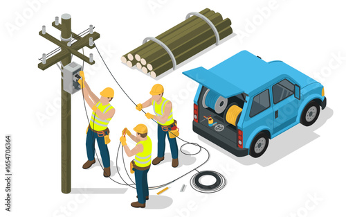 Isometric View: Electrical Workers Repairing a Utility Pole with a Van Full of Cable and Poles on a White Background
