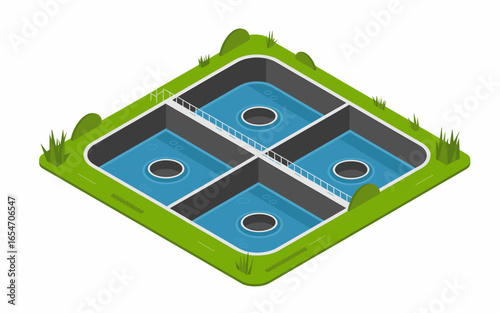 Isometric View of a Wastewater Treatment Plant with Four Tanks, Water, Green Surroundings, and Modern Design for Educational and Industrial Purposes