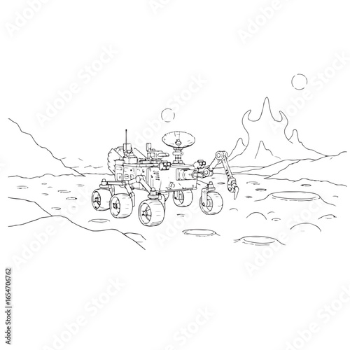 Mars rover on surface of planet, graphic illustration.
