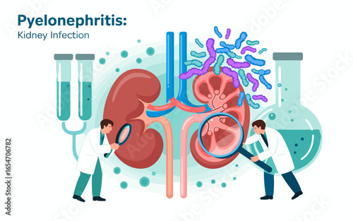 Pyelonephritis Illustration: Examining Kidney Infection and Disease with Medical Professionals, Laboratory Equipment, and Bacteria for Healthcare, Science, and Medical Education Concepts