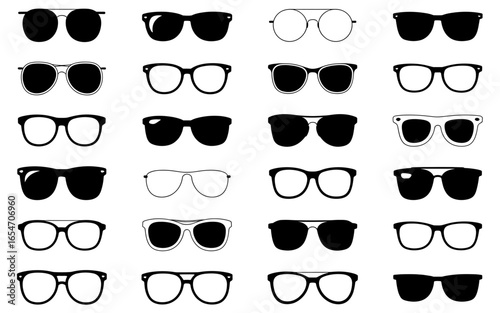 Diverse Eyeglasses and Sunglasses Collection: A Black and White Vector Graphic for Fashion, Style, and Vision Correction Needs.