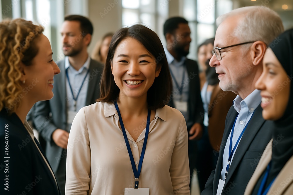 Obraz premium professional networking, business event, diverse group, smiling professionals, team collaboration, conference, networking session, team bonding