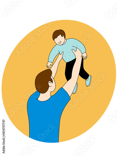 Vector illustration of a father and boy holding and lifting his baby child happily in the air, rear view family love concept. Perfect for parenting, fatherhood, childhood, and family lifestyle themes.