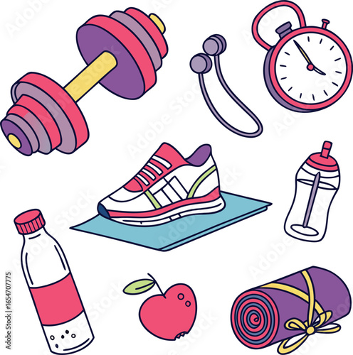 Fitness and Exercise Equipment Clipart Dumbbell, Shoe, Towel, Bottle, Apple, Stopwatch, Jump Rope, and Exercise Mat
