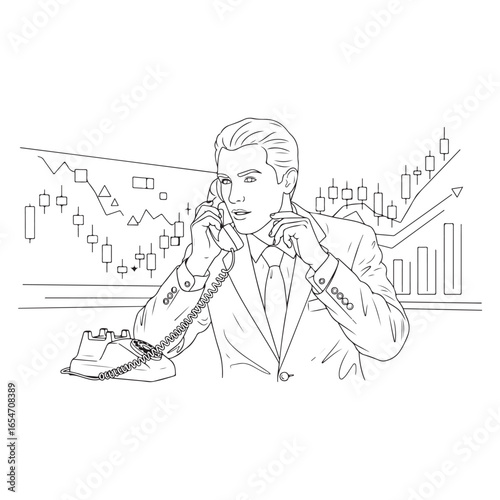 Illustration of a Stockbroker on the Phone with Stock Market Graph
