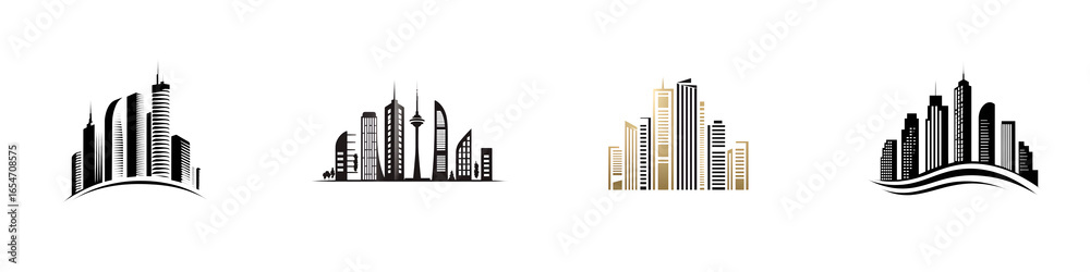 Obraz premium Collection of Illustrated City Skyline Silhouettes, Modern Urban Landscapes with Skyscrapers, Architecture Icons on White Background, Simple Graphic