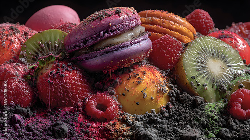 Surreal still life of artificially perfect food melting into darkness, symbolizing modern dietary contradictions