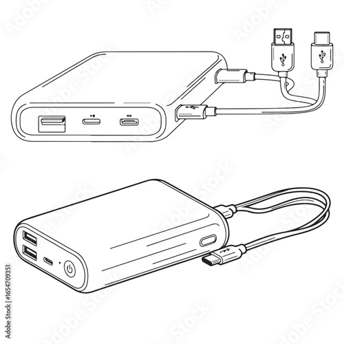 Two portable power bank illustrations with charging cables, charging ports