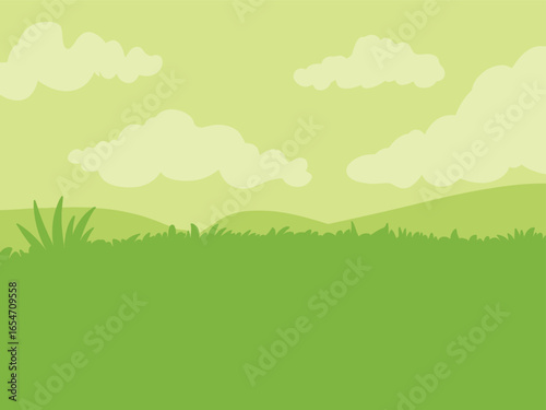Cartoon green rolling hills and cloudy sky landscape