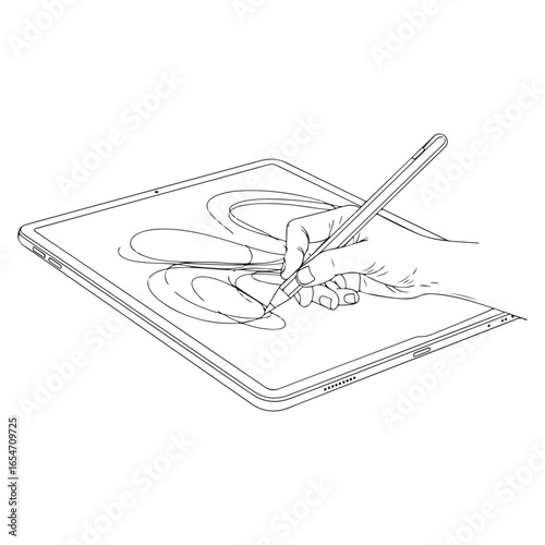 Line art illustration of a hand drawing on a tablet device with a stylus