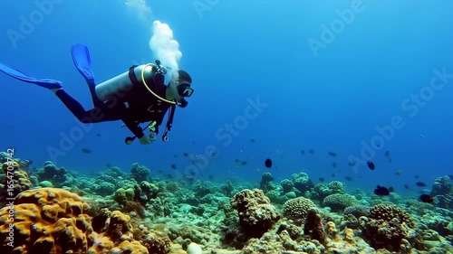 Wallpaper Mural Immersive Underwater Adventure: Scuba Diver Exploring Vibrant Coral Reef Ecosystem in Exotic Torontodigital.ca