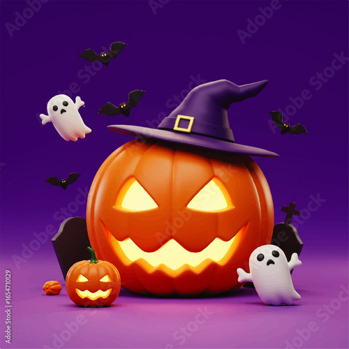 A vibrant 3D rendering of a glowing Halloween pumpkin wearing a witch hat, surrounded by flying bats and cute white ghosts on a purple background.