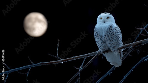 Snowy owl perched on branch at night