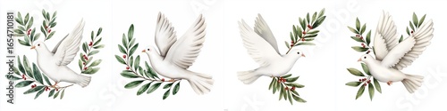 A beautiful collection of white doves with olive branches, symbolizing peace and harmony. These elegant birds are depicted in various poses, showcasing their grace and serenity.