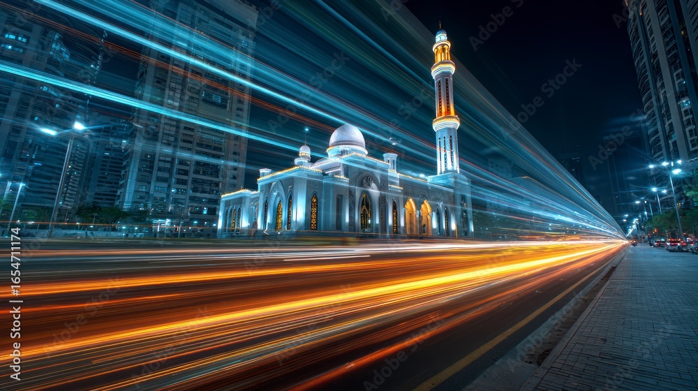 Fototapeta premium Mosque cityscape nighttime light trails