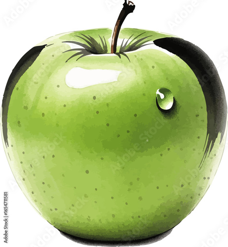 A Green Apple with a Dewdrop
