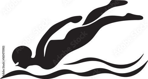 Professional silhouette style vector minimal swimming logo design, simple aquatic sport icon illustration, modern black swimmer emblem for fitness, pool, water sports, athletic branding, and creative 
