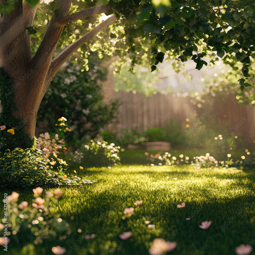 Obraz premium A serene backyard with a large leafy tree providing ample shade