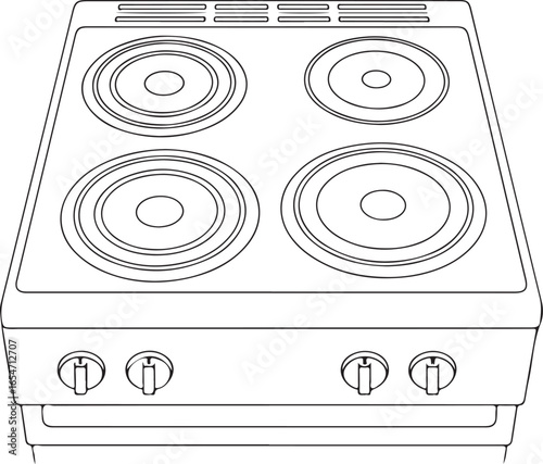 Black and white outline illustration of electric stovetop with burners and knobs