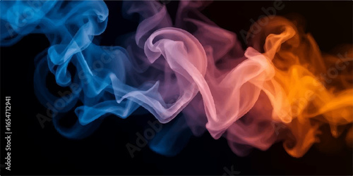 Smooth waves of colorful smoke flow across a black background, forming a swirling abstract design with soft textures