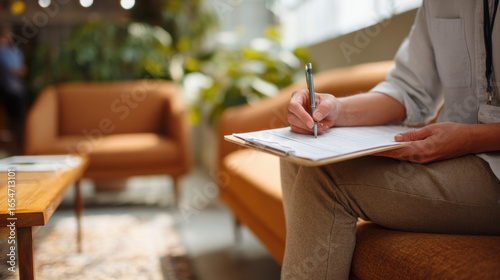 Person filling out therapy intake form on clipboard in modern waiting room