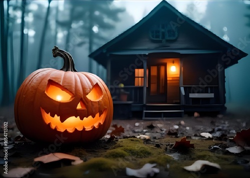 Glowing jack-o’-lantern pumpkin with scary face placed on autumn leaves in front of spooky cabin in dark forest, perfect for Halloween, horror themes, party invitations, and seasonal design.