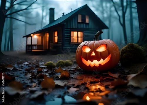 Glowing jack-o’-lantern pumpkin with scary face placed on autumn leaves in front of spooky cabin in dark forest, perfect for Halloween, horror themes, party invitations, and seasonal design.