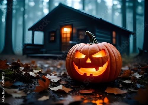 Glowing jack-o’-lantern pumpkin with scary face placed on autumn leaves in front of spooky cabin in dark forest, perfect for Halloween, horror themes, party invitations, and seasonal design.