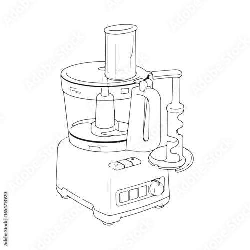 Food processor illustration, kitchen appliance with blade, pusher and bowl, black and white drawing