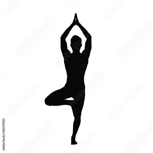 Silhouette of a man in tree yoga pose isolated on white background for fitness, exercise, and healthy lifestyle concept