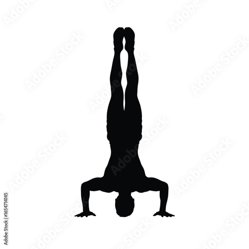 Silhouette of a man in handstand yoga pose isolated on white background for fitness, exercise, and healthy lifestyle concept