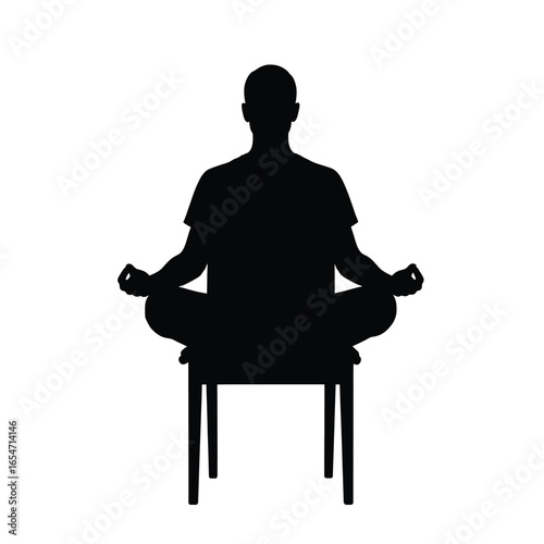 Silhouette of a man in a lotus position sitting on a chair meditating isolated on white background for a peaceful and mindful concept